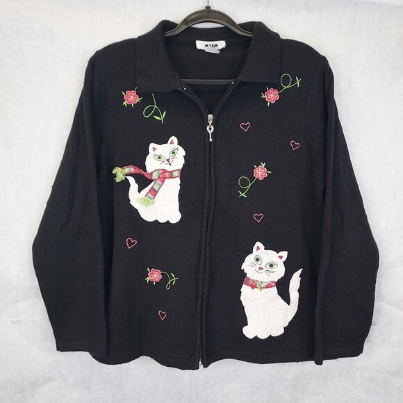 Alia Sweaters - Alia Cat Cardigan Sweater Women's Petite L Black Full Zip Applique Embroidery